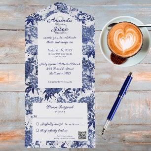 Invitation Tout En Un Code QR floral bleu Vintage
