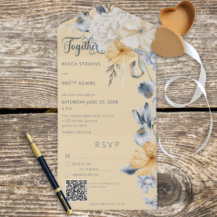 Invitation Tout En Un Code QR Floral Jaune Blanc & Bleu Rustique
