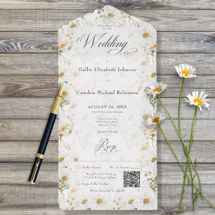 Invitation Tout En Un Code QR floral marguerite campagne rustique