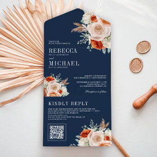 Invitation Tout En Un Code QR Floral Orange Brûlé Ivoire Mariage Navy