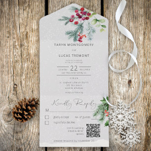 Invitation Tout En Un Code QR gris neige et baies de pin d'hiver moderne