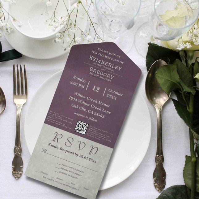 Invitation Tout En Un Code QR Gris Sage Aubergine Automne Élégant (Créateur téléchargé)
