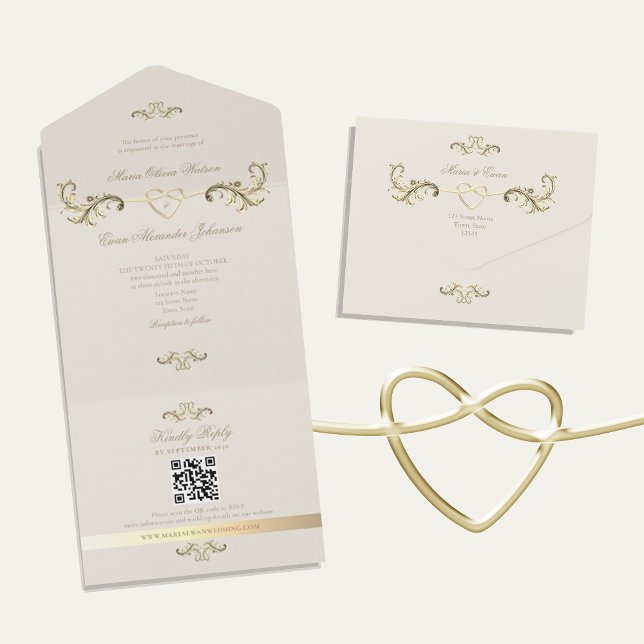Invitation Tout En Un Code QR Mariage Baroque Or (Créateur téléchargé)