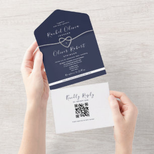 Invitation Tout En Un Code QR Mariage Bleu Marine Argenté