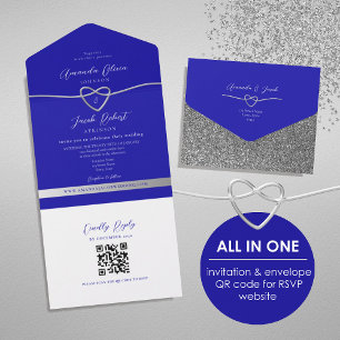 Invitation Tout En Un Code QR Mariage Bleu Royal Paillettes Argentées
