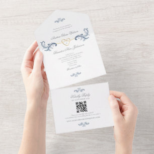 Invitation Tout En Un Code QR Mariage bleu vintage Dusty
