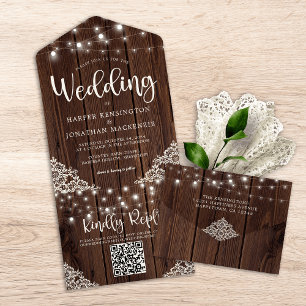 Invitation Tout En Un Code QR Mariage de dentelle de bois rustique
