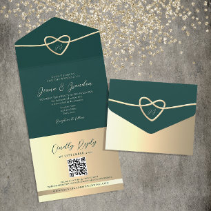 Invitation Tout En Un Code QR Mariage Emerald Green Monogram