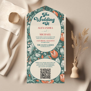 Invitation Tout En Un Code QR Mariage Floral Bohème Chic Rétro