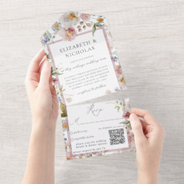 Invitation Tout En Un Code QR Mariage floral élégant