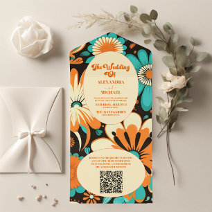 Invitation Tout En Un Code QR Mariage Floral Groovy Rétro
