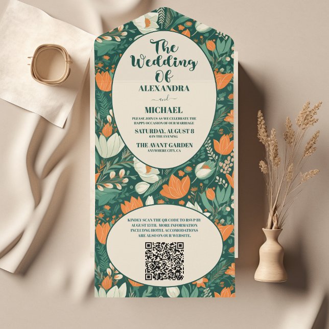 Invitation Tout En Un Code QR Mariage Floral Rétro Bohème (Créateur téléchargé)