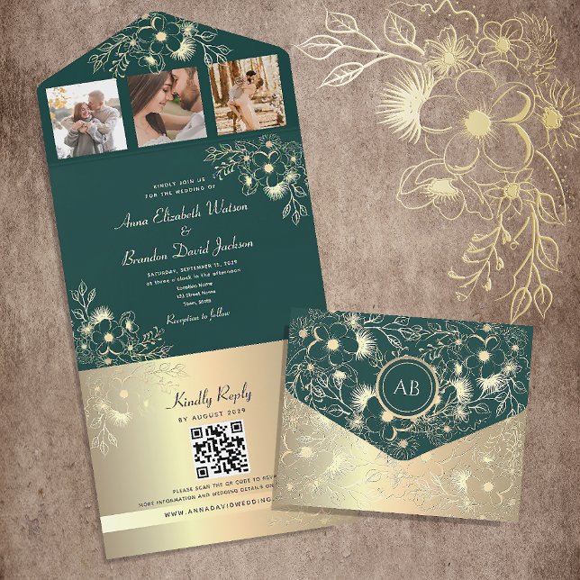 Invitation Tout En Un Code QR Mariage Gold et Emerald Green (Créateur téléchargé)