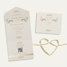Invitation Tout En Un Code QR Mariage or baroque