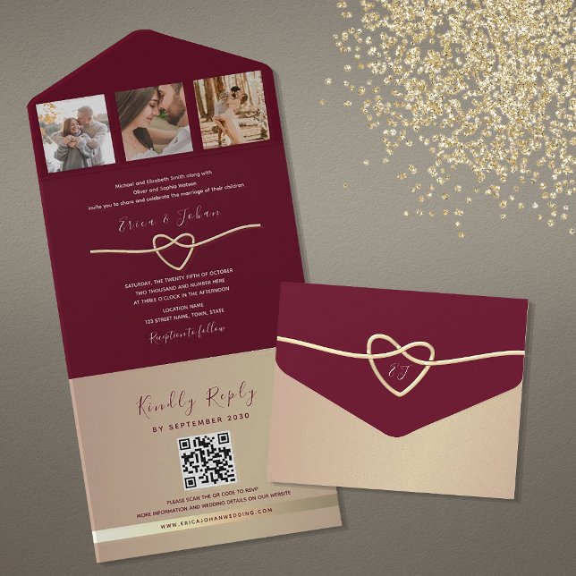 Invitation Tout En Un Code QR Mariage or et bourgogne (Créateur téléchargé)