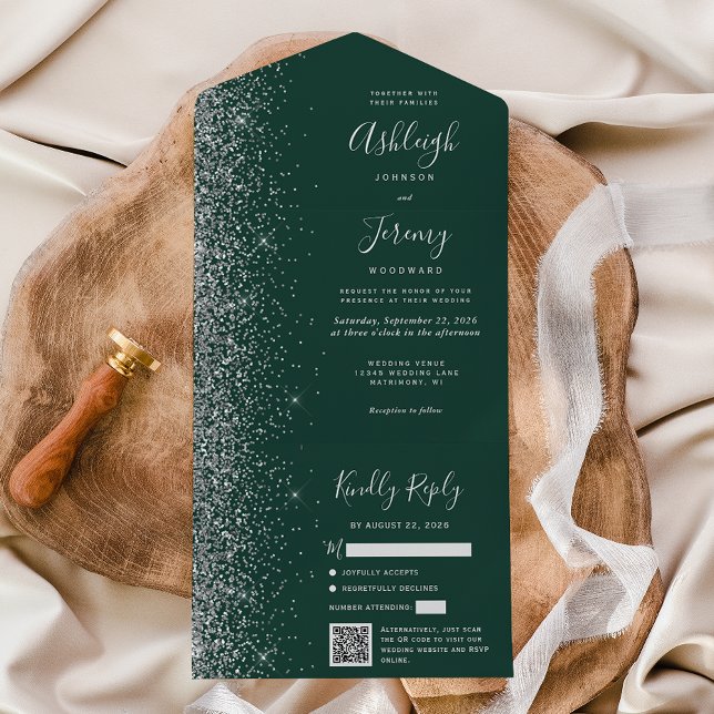 Invitation Tout En Un Code QR Mariage Paillettes Vert Émeraude Argent (Créateur téléchargé)