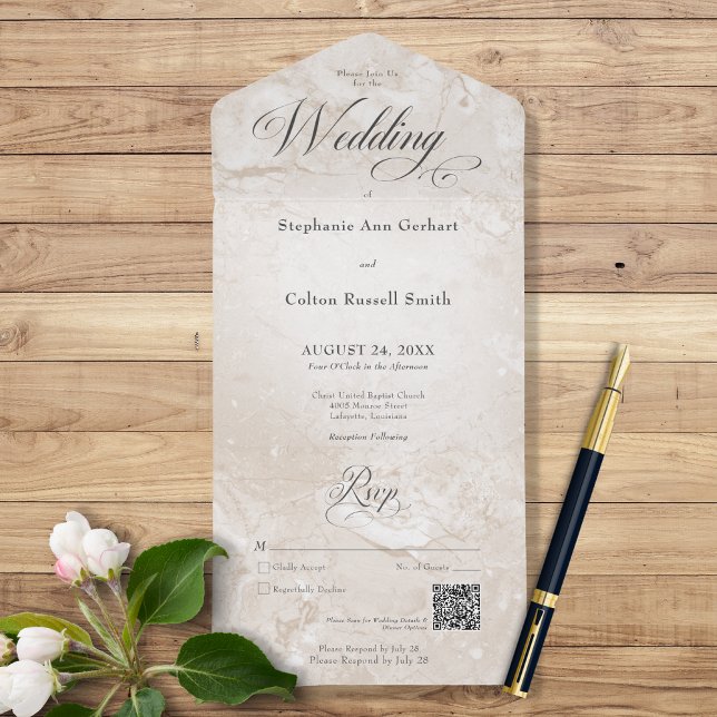 Invitation Tout En Un Code QR minimal en marbre bronzé moderne (Créateur téléchargé)