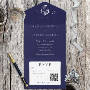 Invitation Tout En Un Code QR moderne bleu et blanc marine