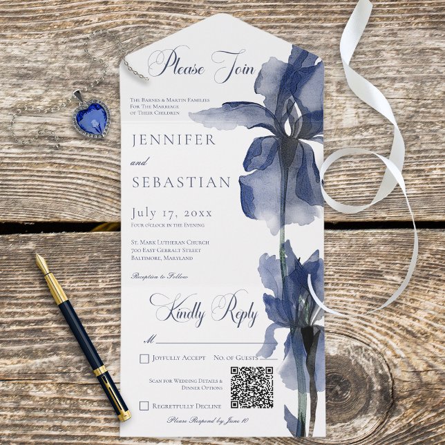 Invitation Tout En Un Code QR moderne bleu Iris (Also available without a QR code; with or without dinner selectin options.)