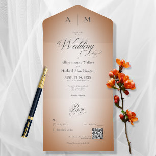 Invitation Tout En Un Code QR moderne minimal Burnt Orange & Blanc Blur