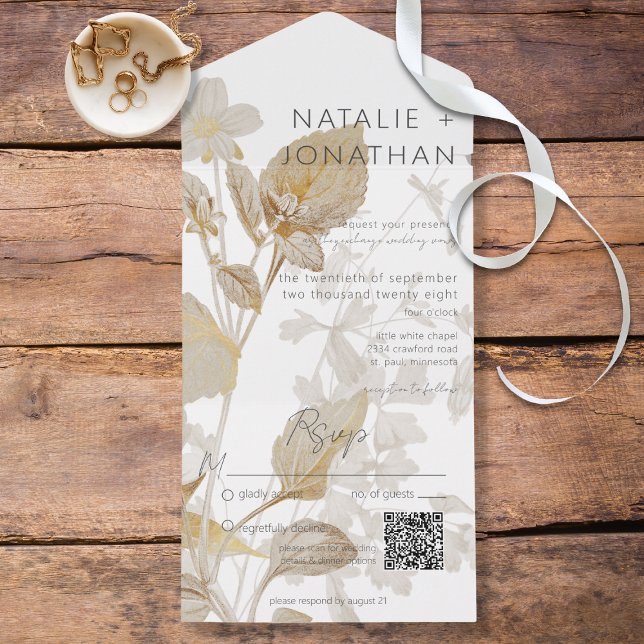 Invitation Tout En Un Code QR moderne neutre Tan Fleur sauvage (Créateur téléchargé)
