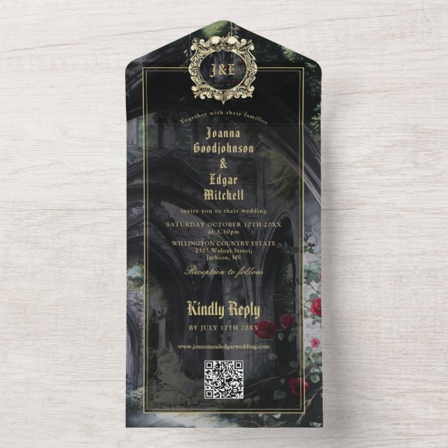 Invitation Tout En Un Code QR monogramme de mariage avec ruines gothique (À l'intérieur)