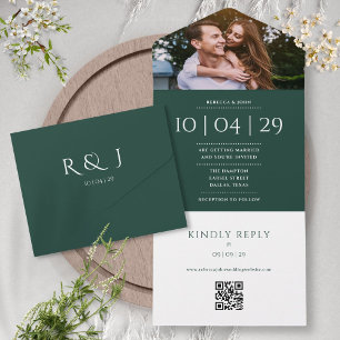 Invitation Tout En Un Code QR Monogramme Émeraude Photo Date de Mariage