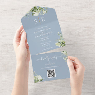 Invitation Tout En Un Code QR Monogramme Vert Foncé Mariage Bleu Poussié
