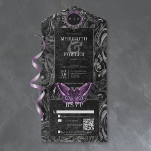 Invitation Tout En Un Code QR Moth filigree noir gothique violet