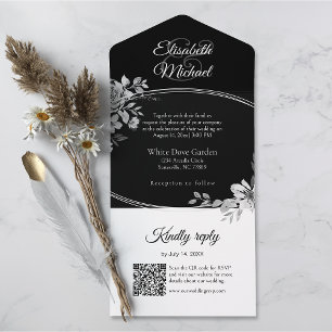 Invitation Tout En Un Code QR noir élégant Monogramme floral mariage RSV