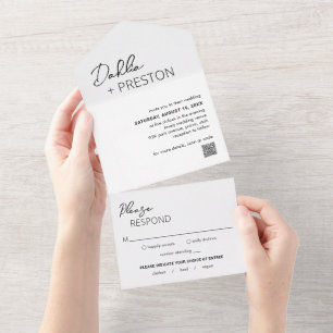 Invitation Tout En Un Code QR noir et blanc minimal Mariage moderne