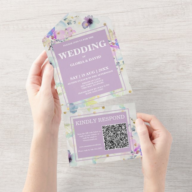 Invitation Tout En Un Code QR romantique mauve floral (Déchirure)