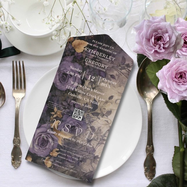 Invitation Tout En Un Code QR Rose élégant, gothique foncé et violet (Créateur téléchargé)