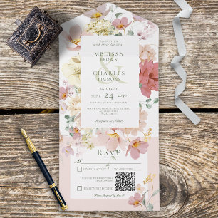 Invitation Tout En Un Code QR rustique blanc et rose pâle