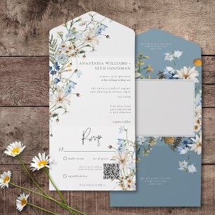 Invitation Tout En Un Code QR rustique Dusty Blue Fleurs sauvages & datt