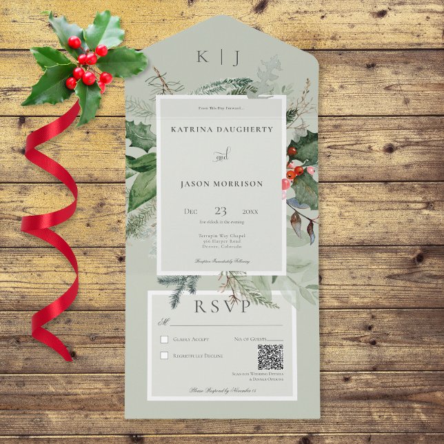 Invitation Tout En Un Code QR rustique Sage Winter Holly & Pine (Also available without a QR code; with or without dinner selection options.)