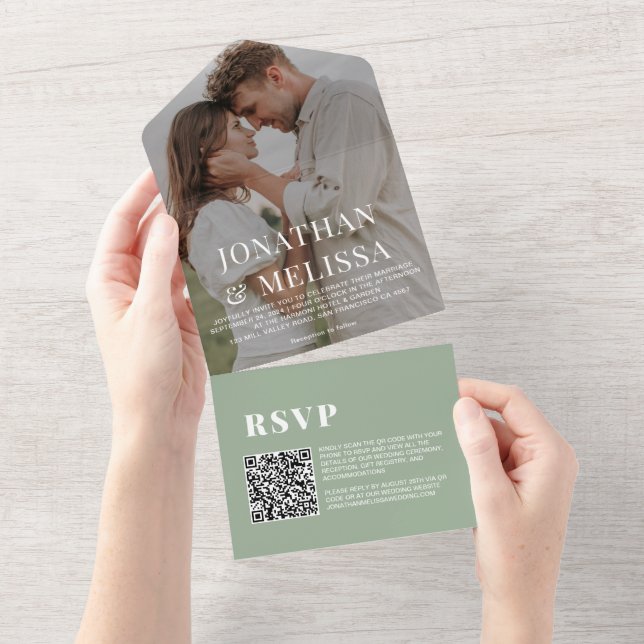 Invitation Tout En Un Code QR | Sage Green Simple Overlay Mariage photo (Déchirure)