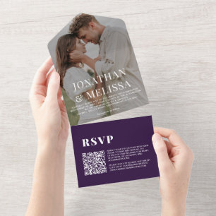 Invitation Tout En Un Code QR   Simple Mariage photo violet orchidée fon