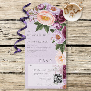 Invitation Tout En Un Code QR vintage Lavender Maroon & Peach Peonies