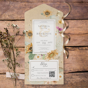 Invitation Tout En Un Code QR vintage Summer Sunflower Jaune