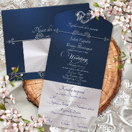 Invitation Tout En Un Cœur romantique & Calligraphie - Bleu/Argent