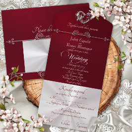 Invitation Tout En Un Cœur Romantique & Calligraphie - Bourgogne/Argent