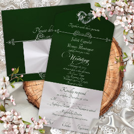 Invitation Tout En Un Cœur romantique & Calligraphie - Émeraude/Argent