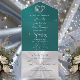 Invitation Tout En Un Cœur romantique & Calligraphie - Turquoise/Argent