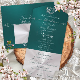Invitation Tout En Un Cœur romantique & Calligraphie - Turquoise/Argent