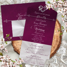 Invitation Tout En Un Cœur romantique & Calligraphie - Violet/Argent