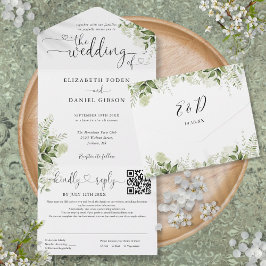 Invitation Tout En Un Coeur Script vert Floral QR Code Mariage