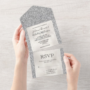 Invitation Tout En Un Coeurs de Parties scintillant en argent blanc
