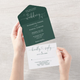 Invitation Tout En Un Cœurs de script vert émeraude Mariage minimaliste