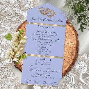 Invitation Tout En Un Cœurs Doubles Romantiques - Bleu Perle/Or